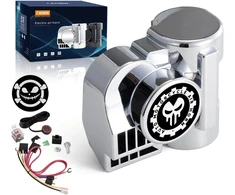 Farbin 12 V motociklo signalo automobilio signalo rinkinys oro signalas 150 Db garsus oro signalas suspausto oro signalo rinkinys motociklui sunkvežimiui automobiliui valčiai pikapui džipui (12 V, sidabrinė laidų pynė ir mygtukas)