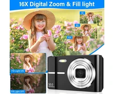 Fayibuy skaitmeninis fotoaparatas 50mp 1080p fhd su automatiniu fokusavimu 16x skaitmeniniu priartinimu, nešiojamas kompaktiškas fotoaparatas su 32gb sd kortele vaikams paaugliams pradedantiesiems (juodas)