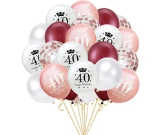 Fechy 40-ojo gimtadienio balionai, 30 vienetų rožinės raudonos spalvos 40-ojo gimtadienio lateksiniai konfeti balionai su kaspinais moterims, skirti laimingoms 40-ojo gimtadienio dekoracijoms, 12 colių (rožinis auksas)