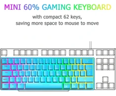 Felicon Mini 60% Rgb žaidimų klaviatūra, mechaniniai red jungikliai su kompaktiškais 62 klavišais, 18 Rgb Led chroma apšvietimas, nuimamas Usb type c kabelis, uk išdėstymas, ergonomiška pc, mac, nešiojamam kompiuteriui, mėlyna