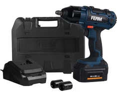 Ferm cdm1127 akumuliatorinis li-ion smūginis veržliasukis su 2 galvutėmis/akumuliatoriumi ir įkrovikliu, 18 v, mėlynas, 380 n m 4 a