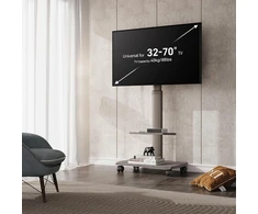 Laikiklis Fitueyes tv grindų stovas su medine lentyna, tv stovas su ratukais, reguliuojamo aukščio pasukamas stovas 32–70 colių plokščiaekraniams televizoriams iki 40 kg, maks. vesa 400 x 600