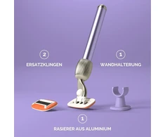 Fler rinkinys "the Razor Starter Set" - moteriškas skustuvas su keičiamomis galvutėmis, skustuvas su laikikliu ir 2 atsarginiais peiliukais, unisex skustuvas, skustuvo peiliukai su alaviju, vitaminu E (alyvinė violetinė)