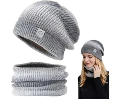 Forhome Žieminės kepurės moterims, žieminis komplektas moterims, megzta kepurė su šaliku, kepurė ir šalikas 2 viename, tinkama šaltam orui, 56–60 cm (pilka), violetinė