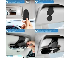 Fousenuk akinių laikiklis automobiliui, 2 vnt., magnetinis odinis akinių nuo saulės laikiklis, akinių laikiklis automobilio prietaisų skydeliui, skydelis nuo saulės, akinių laikiklis, bilietų kortelių laikiklis, juodas