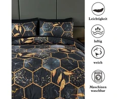 Freyamy 3d marmuro patalynės komplektas 135 x 200 cm, 2 dalių, juodo aukso geometrinis marmuro raštas, prabangi patalynė, 100% mikropluošto patalynės komplektai, minkštas antklodės užvalkalas su užtrauktuku ir pagalvės užvalkalas 80 x 80 cm