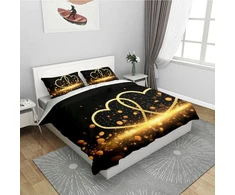 Freyamy 3d patalynės komplektas su širdelėmis 220 x 240 cm, 3 dalių, juodos ir aukso spalvų širdelių motyvas, prabangi patalynė, minkštas mikropluoštas, vaikiška patalynė mergaitėms, antklodės užvalkalas su užtrauktuku ir 2 pagalvių užvalkalai 80 x 80 cm