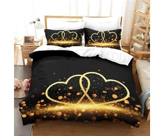 Freyamy 3d patalynės komplektas su širdelėmis 220 x 240 cm, 3 dalių, juodos ir aukso spalvų širdelių motyvas, prabangi patalynė, minkštas mikropluoštas, vaikiška patalynė mergaitėms, antklodės užvalkalas su užtrauktuku ir 2 pagalvių užvalkalai 80 x 80 cm