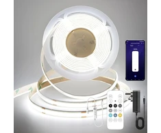 Fuiqi Cob Led juosta 5 m, dienos šviesos balta 6000 K Led juosta, 24 V šviesos juosta, pritemdoma su nuotolinio valdymo pulteliu ir maitinimo šaltiniu, išmanioji programėlė, Cri>90, 8 mm plotis, tinkama miegamiesiems, virtuvėms, spintelėms