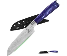 Fullhi santoku peiliai, 2 vnt. įvairiaspalvių 5 colių japoniškų peilių rinkinys, pjaustymo peilis, nerūdijančio plieno virtuvinis peilis su apsaugine įmaute (violetinė resin)