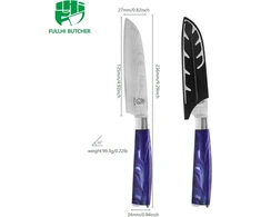 Fullhi santoku peiliai, 2 vnt. įvairiaspalvių 5 colių japoniškų peilių rinkinys, pjaustymo peilis, nerūdijančio plieno virtuvinis peilis su apsaugine įmaute (violetinė resin)