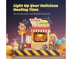 Funpola 3d medinis dėlionė Burger Truck modelis - pasidaryk pats miniatiūrinis maisto sunkvežimio lėlių namelio transporto priemonės rinkinys su Led lemputėmis - puiki kūrybinė dovana vaikams ir suaugusiems (mėsainiai)