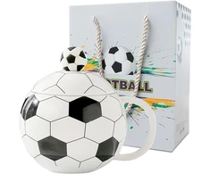Futbolo puodelis, futbolo kavos puodelis su dangteliu ir šaukšteliu, 400 ml futbolo keramikinis puodelis, futbolo dovanos vyrams, futbolo gerbėjams, berniukams, mergaitėms, gimtadienio proga (football Cup)