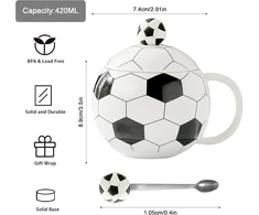 Futbolo puodelis, futbolo kavos puodelis su dangteliu ir šaukšteliu, 400 ml futbolo keramikinis puodelis, futbolo dovanos vyrams, futbolo gerbėjams, berniukams, mergaitėms, gimtadienio proga (football Cup)