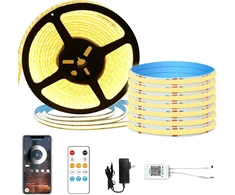 Gaouto cob led juosta 5 m, valdymas programėle, cob juosta su nuotolinio valdymo pulteliu, 3000 k šiltai balta šviesos juosta, 24 v pritemdoma led juosta, šiltai balta, šviesos juosta namams, virtuvei, kambariui, pasidaryk pats dekoravimui