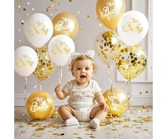 G.c 30 balionų rinkinys kūdikio sutiktuvių šventei, dekoracijos kūdikio sutiktuvių šventei, aukso ir baltos spalvos balionai, užrašas "hello Baby" kūdikio sutiktuvių šventei, lyties atskleidimo vakarėlio dekoracija, gimtadienio dekoracija, berniukams ir m