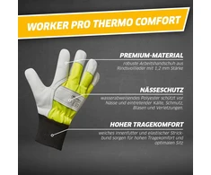Gebol Worker Pro Thermo Comfort vyriškos odinės darbo pirštinės, neperšlampamos pirštinės su pašiltinimu žiemai, apsauginės pirštinės, dydis L (9), geltonos/baltos
