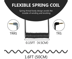 Geekria 3.5mm trrs į trs kampinis spiralinis mikrofono kabelis 50cm, suderinamas su Rode sc7, videomicro, videomic go ii, wireless go ii 1/8 colio jungtis iš tėčio į tėtį mikrofono kabelis (juodas)