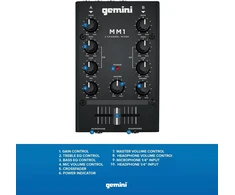 Stiprintuvas Gemini Sound Mm1 profesionalus 2 kanalų dvigubas mikrofono įėjimo stereo 2 juostų sukamasis kompaktiškas Dj podcast'ų mikšeris su crossfader'iu ir individualiu stiprinimo valdymu