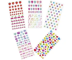 Generic Lipnios blizgios dekoratyvinės akutės, 5 vnt. 3d lipdukų rinkinys vaikams, širdelės, žvaigždutės, kaspinėliai, balionai, muzikos natos, vyšnios, braškės, blizgūs lipdukai, lipdukai mergaitėms vaikų rankdarbiams