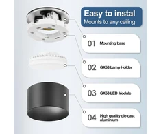 Geyoulux 4 x Led paviršiuje montuojami prožektoriai, juodi, skersmuo 84 x 50 mm, lubinis prožektorius Led Gx53 su 6 W, 680 lm, neutrali balta šviesa, 230 V, 180° spindulio kampas, aliumininiai lubiniai prožektoriai
