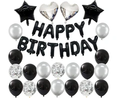 Gimtadienio dekoracija juoda sidabrinė "happy Birthday" girlianda balionai juoda dekoracija gimtadienio vyrui gimtadienio dekoracija