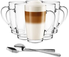 Glasmark Krosno 1992 Latte Macchiato stiklinės su rankena ir šaukšteliu, 6 vnt. rinkinys, 400 ml, stiklinės arbatai, puodeliai kavai, cappuccino, šaltai arbatai, skaidrus stiklas