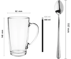 Glasmark Krosno 1992 Latte Macchiato stiklinės su rankena ir šaukšteliu, 6 vnt. rinkinys, 400 ml, stiklinės arbatai, puodeliai kavai, cappuccino, šaltai arbatai, skaidrus stiklas