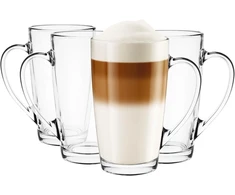 Glasmark Krosno 1992 stiklinių rinkinys kavai, arbatai su rankena, 4 vnt., 400 ml, kavos, arbatos, latte stiklinė, arbatos puodeliai, stikliniai puodeliai, didelė gėrimų stiklinė, galima plauti indaplovėje, Alex, skaidri