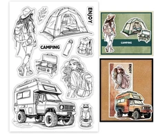 Globleland silikoninis antspaudas "keliaujanti moteris": karavanas, palapinė, skaidrus antspaudas moterims, skirtas kortelių gamybai, "pasidaryk pats" scrapbooking amatams