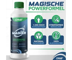 Glorypure glas-mager langų valiklis 200x koncentratas, profesionali kokybė, 1 litras, be dryžių, švarus, švelnus medžiagoms, labai ekonomiškas, puikiai tinka langų siurbliams