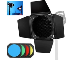 Godox bd-04 barn door metaliniai varteliai su korio tinkleliu ir 4 spalvotais gelio filtrais, suderinami su standartiniais reflektoriais bowens mount compatible godox led neewer amaran aputure led video light
