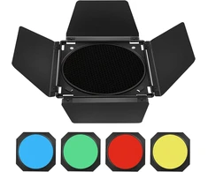 Godox bd-04 barn door metaliniai varteliai su korio tinkleliu ir 4 spalvotais gelio filtrais, suderinami su standartiniais reflektoriais bowens mount compatible godox led neewer amaran aputure led video light