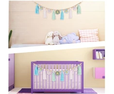 Gorgecraft medvilnės gėlių kutų girlianda 1.28 m boho pastelinių kutų girlianda su mediniais karoliukais ramunėlių rožiniais ir mėlynais kutais sienų pakabinama girlianda reklaminė juosta vakarėlio dekoracija kambariui miegamajam