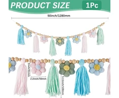 Gorgecraft medvilnės gėlių kutų girlianda 1.28 m boho pastelinių kutų girlianda su mediniais karoliukais ramunėlių rožiniais ir mėlynais kutais sienų pakabinama girlianda reklaminė juosta vakarėlio dekoracija kambariui miegamajam