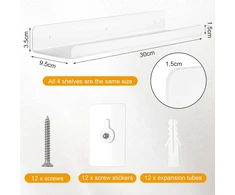 Gotfun akrilinės sieninės lentynos, baltos, be gręžimo, 4 vnt., akrilinė lentyna, atspari drėgmei, plaukiojančios vinilinių plokštelių lentynos sienoms, vaikų kambariui, vonios kambariui, svetainei, miegamajam, biurui, virtuvei