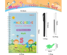 Gotfun Magiški pratimų sąsiuviniai su rašikliu, 4 vnt. Daugkartinio naudojimo magiški rašymo mokymosi sąsiuviniai vaikams, skirti mokytis matematikos, raidžių, skaičių ir piešimo (anglų kalba)