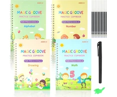 Gotfun Magiški pratimų sąsiuviniai su rašikliu, 4 vnt. Daugkartinio naudojimo magiški rašymo mokymosi sąsiuviniai vaikams, skirti mokytis matematikos, raidžių, skaičių ir piešimo (anglų kalba)