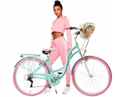 Gražus aliumininis žydrai rožinis moteriškas dviratis 28 Shimano 6 pavarų miesto