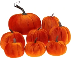 Gresorth rinkinys, 8 vnt., įvairūs dirbtiniai rankų darbo oranžiniai velvetiniai moliūgai, dirbtinio rudens derliaus Helovino dekoracija namams, sodybai