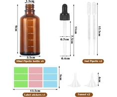 Grofis 6 vnt. pipetės buteliukų rinkinys 50 ml, anti-uv rudojo stiklo buteliukas su lašintuvu, gintaro spalvos stiklinis buteliukas su 2 piltuvėliais, 2 pipetės adatos antgaliais, 1 lipduku, vaistinėje naudojamas buteliukas skystiems dažams aromaterapijai
