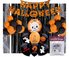 Halloween dekoracijų rinkinys: baneris, balionai, įvairūs raštai, kaukolė, užuolaida, voratinklis