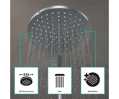 Hansgrohe Vernis Blend 26276000 dušo sistema su termostatu, lietaus dušas (205 mm) su jungtimi, rankinis dušas (2 tipų srovės), žarna, dušo stovas ir apvali dušo galvutė (1 tipo srovė), chromas