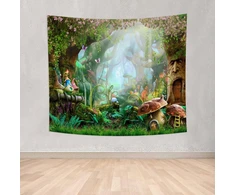 Haoyiyi 150 x 130 cm grybų miško gobelenas elfų namas psichodelinis miško animacinis sienų pakabinimas gėlės užkerėtas miško pavasario scenos gobelenas abstraktus sienų menas specialus dizainas miegamojo dekorui