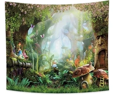 Haoyiyi 150 x 130 cm grybų miško gobelenas elfų namas psichodelinis miško animacinis sienų pakabinimas gėlės užkerėtas miško pavasario scenos gobelenas abstraktus sienų menas specialus dizainas miegamojo dekorui