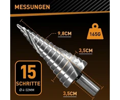 Hardtwerk pakopinis grąžtas | kūginio grąžto skersmuo 4–32 mm | pagamintas iš aukštos kokybės Hss | universalus trikampis kotas | skutimo grąžtas idealiai tinka metalui, medžiui, plastikui | 15 lygių kūginis grąžtas | ilgaamžis