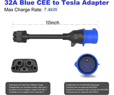 Hasa zone 3 kontaktų mėlynas Cee adapteris, skirtas Tesla Gen 2 mobiliajam įkrovikliui, nešiojamas Ev įkroviklio ilgintuvas į 240 V lizdą prie 32 A, suderinamas su Tesla Model 3/s/x/y