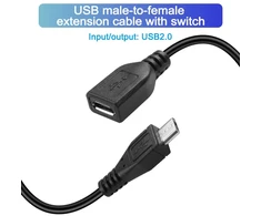 Hatmini micro usb jungtis (vyriška) į jungtį (moteriška) su jungikliu, įkrovimo kabelis 5v 2a, trumpas prailginimo laidas, palaikantis įkrovimo srovę usb įrenginiams