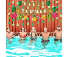 Havajų vakarėlio dekoracija, vasaros vakarėlio dekoracijos, užrašas "hello Summer", havajų tropinio vakarėlio dekoracijos, havajų vakarėlio užrašas Luau vakarėliui prie baseino, paplūdimio vakarėlio dekoracija