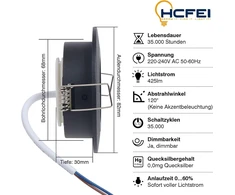 Hcfei led įleidžiamas šviestuvas, reguliuojamas, juodas, pasukamas, 5 w, plokščias, 230 v, įleidžiamas šviestuvas, 68 mm gręžimo skylė, 120° spindulio kampas, šilta balta, 3000 k (6 vnt.)